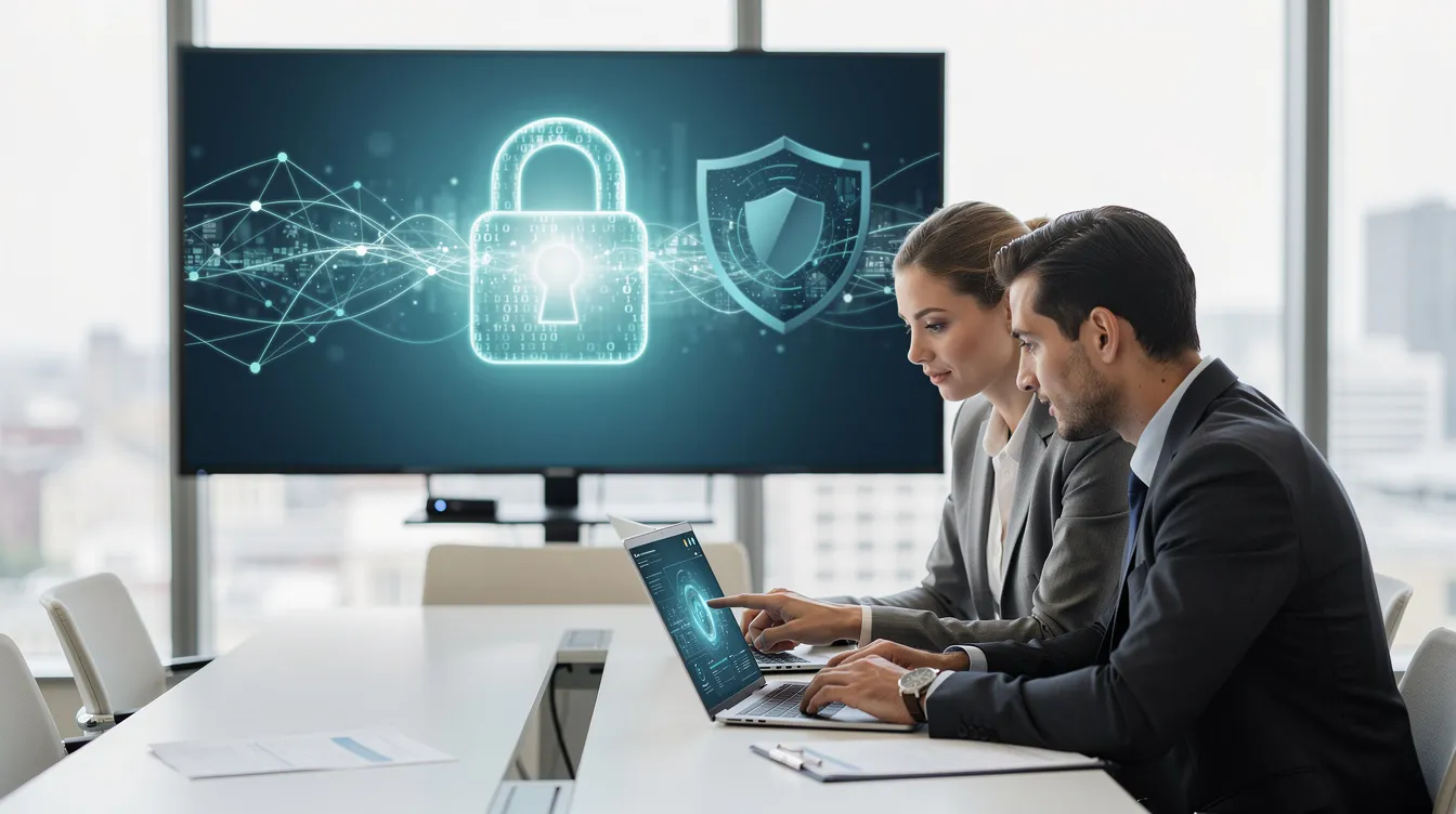 The image depicts two professionals collaborating over a laptop in a modern office, with security-themed visual elements displayed on a screen behind them, highlighting the importance of data analytics and cybersecurity in protecting an organization's digital assets. The scene emphasizes teamwork among cybersecurity professionals focused on threat detection and risk management.