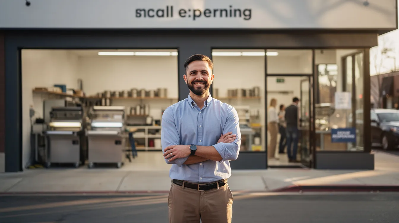 287bb166 c4ca 4f72 befd ec85bc339e9d A joyful small business owner stands proudly in front of their newly expanded shop, showcasing new equipment that enhances their business operations. This image highlights the success that can come from securing financial assistance through mudra loans, allowing them to grow and thrive in their income-generating micro enterprise.