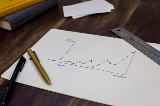 A graph showing a trend line on a sheet of paper on a wooden table.