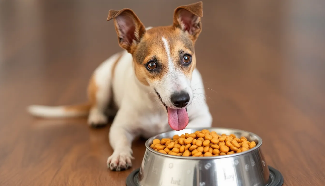 A rat terrier is enjoying high-quality dog food from a bowl, showcasing its smooth coat and perky ears. This small to medium-sized breed, known for its energetic and playful nature, is a great companion for families and active individuals.