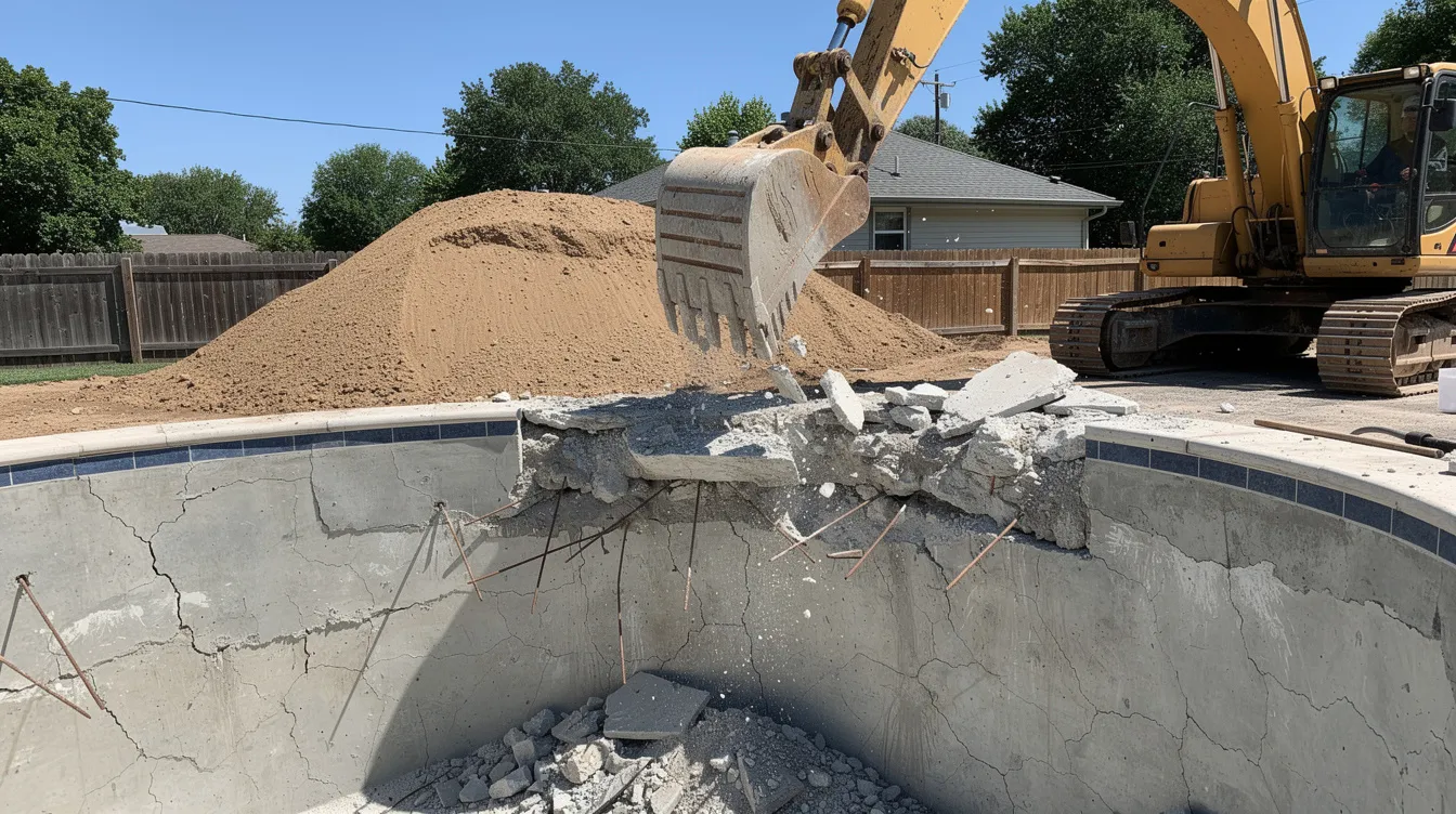 An excavator is actively breaking apart the thick concrete coping and sidewalls of an old in-ground swimming pool, with visible cracks in the gunite concrete and exposed metal reinforcement. In the background, a pile of clean fill dirt is prepared for backfilling, all set against a bright, sunny residential setting in Oklahoma City.