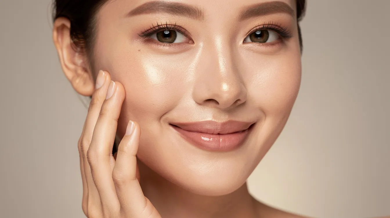 A person with healthy, glowing skin is gently touching their cheek, showcasing the benefits of hyaluronic acid for maintaining skin hydration and elasticity. This image highlights the importance of a skincare routine that promotes hydrated skin and a youthful appearance.