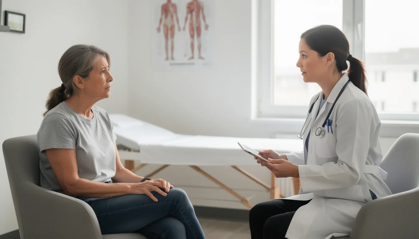 A middle-aged woman is engaged in a conversation with a female doctor in a medical office, discussing important topics related to heart health and risk factors for heart disease in women, such as high blood pressure and cholesterol levels. The setting emphasizes the importance of cardiovascular health and lifestyle changes to prevent future heart attacks.