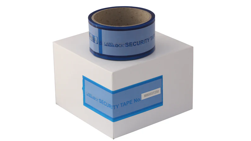 Roll of blue security tape stored in clean, dry, temperature-controlled conditions