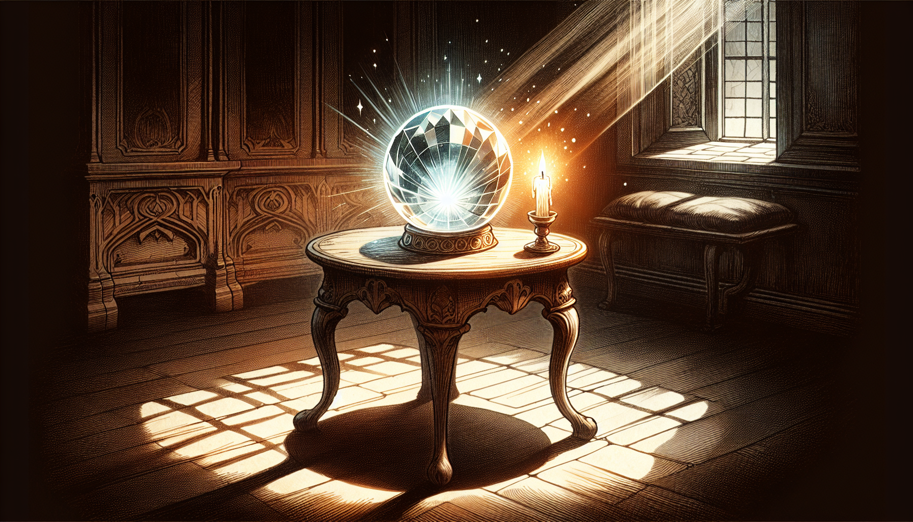 Illustration of a dimly lit room with a glowing crystal ball