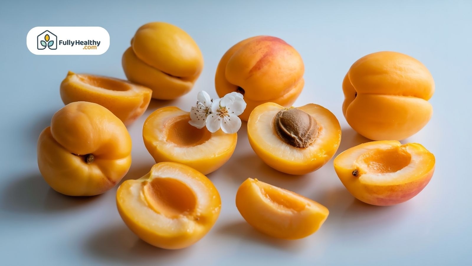 Fresh apricots with a flower and pit