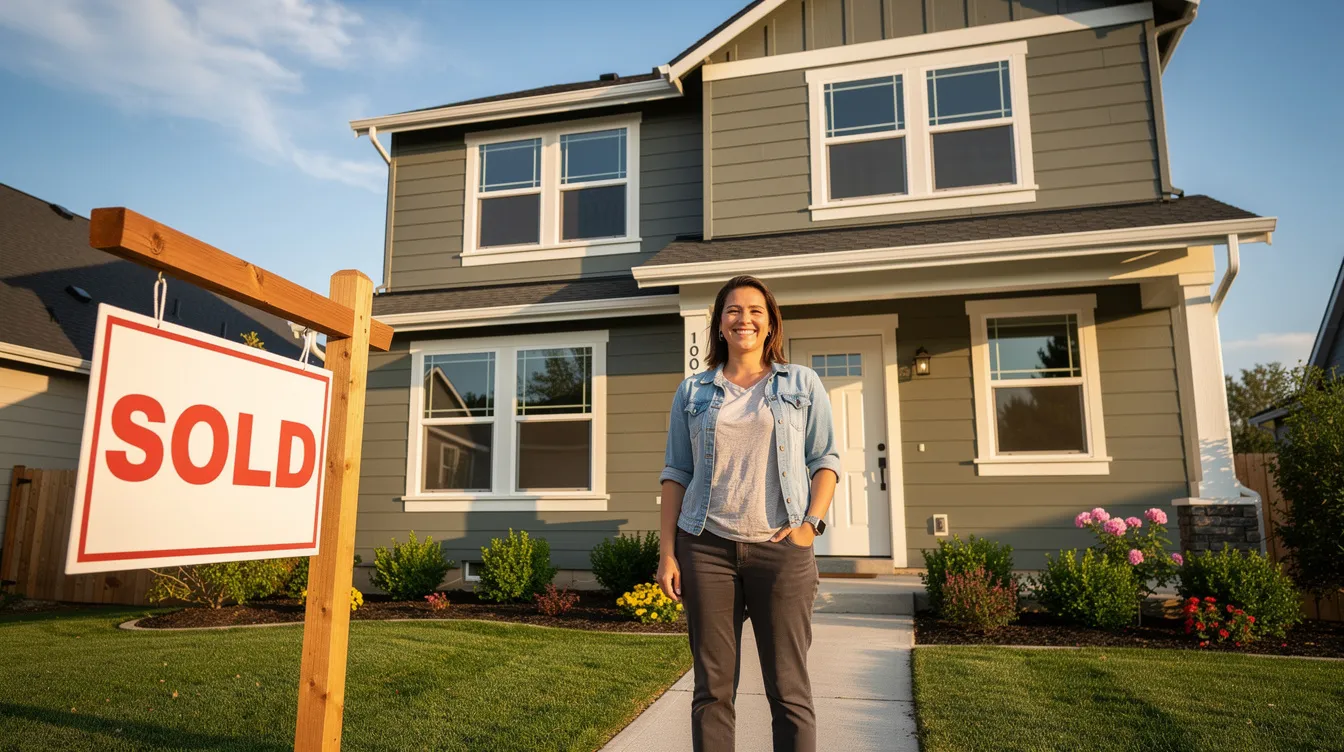 The image shows a person standing proudly in front of a newly renovated house, with a "Sold" sign prominently displayed in the yard, symbolizing a successful real estate investment. This scene reflects the positive outcome of using hard money loans or traditional financing options for property owners and real estate investors.