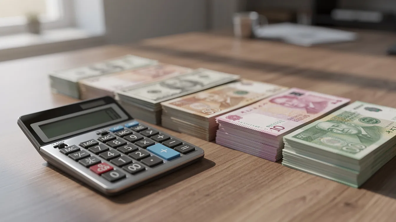 A calculator sits on a desk next to stacks of various international currency banknotes, including the British pound and US dollar, suggesting a focus on online banking and international money transfers. This scene highlights the complexities of currency conversion and the potential savings from using low-cost transfer methods for sending money abroad.