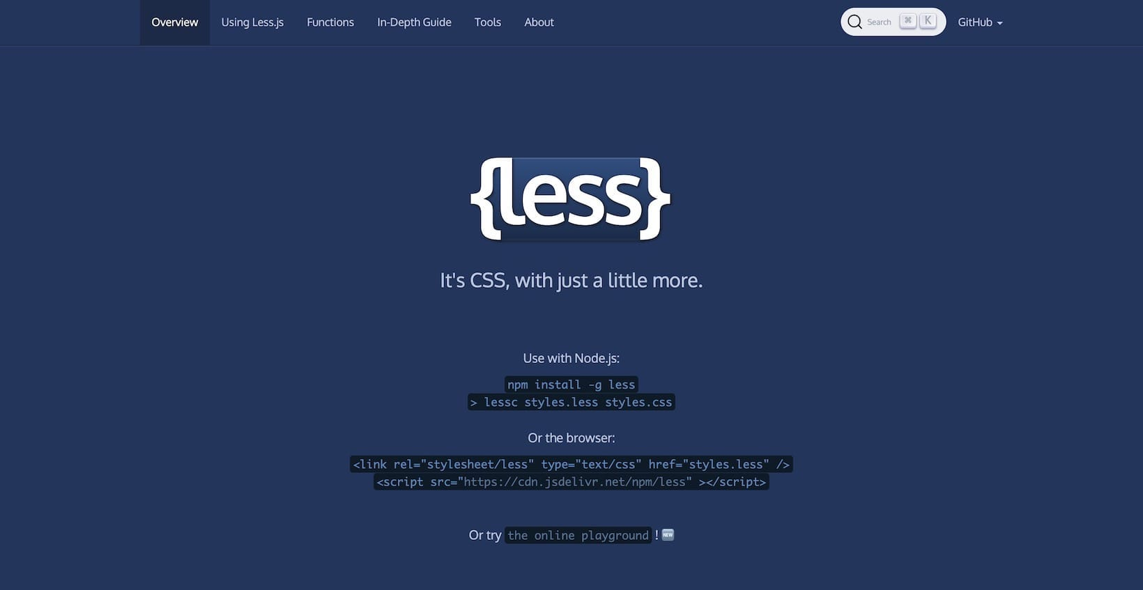 Screenshot of the Less homepage that includes the heading "It's CSS, with just a little more".