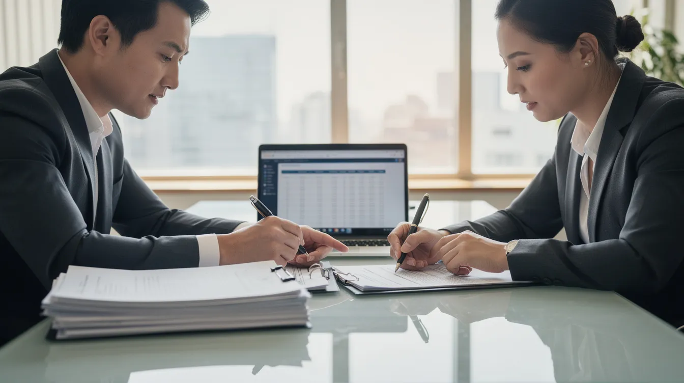 The image shows two people sitting at a table, actively reviewing and signing various financial documents, indicating a discussion about their financial situation and agreements, possibly involving 清 數 and 二線 財務. The atmosphere suggests a collaborative effort in managing their 財務 公司 dealings and planning for future financial commitments.