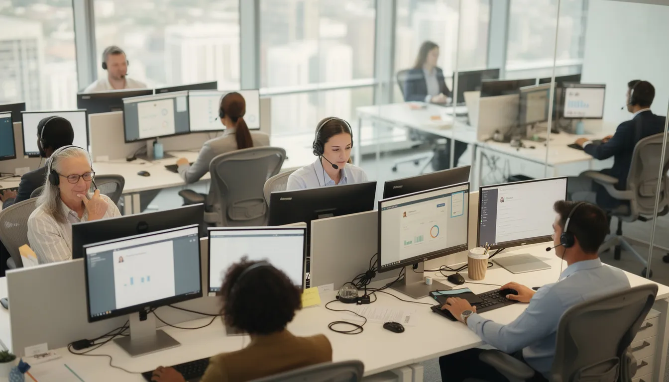 The image depicts a customer service team working diligently at computers in a modern office environment, where advanced AI agents and human agents collaborate to handle customer inquiries and boost customer satisfaction. The team utilizes artificial intelligence tools to analyze customer data and ensure effective support for complex tasks and customer interactions.