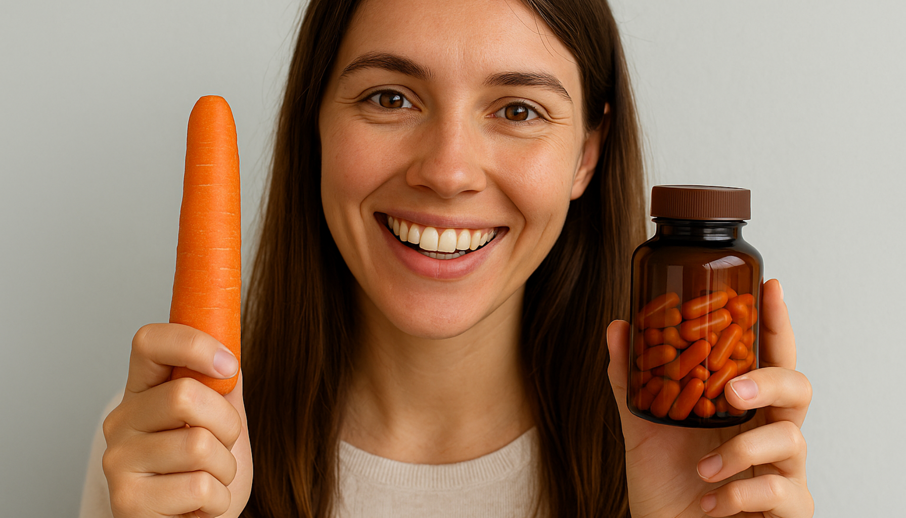 Smilende kvinne holder gulrot og flaske med betakarotenkapsler, symboliserer sammenhengen mellom kosttilskudd og immunforsvar.