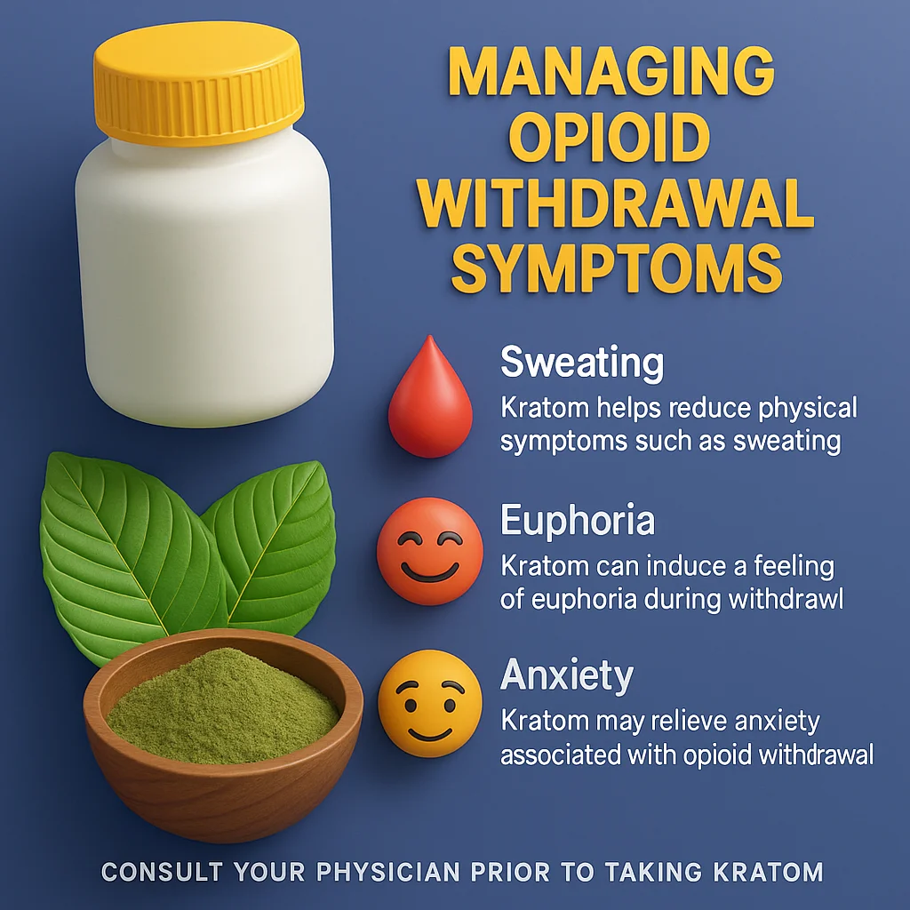 What are the Health Benefits of Using Kratom? 5 "Infographic on managing opioid withdrawal symptoms with kratom, showing potential relief of sweating, euphoria, and anxiety, with caution to consult a physician."