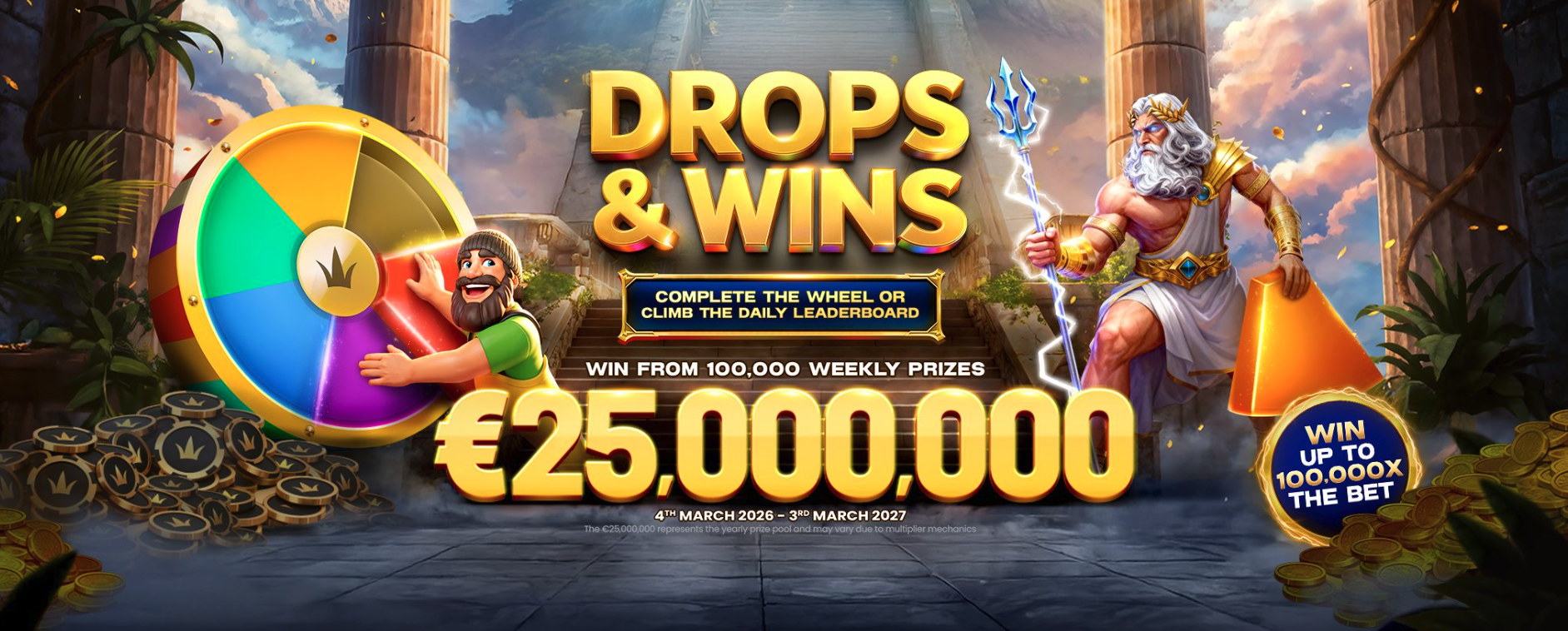 Promotieafbeelding voor Drops & Wins met een prijzenrad, Zeus en een vermelde prijzenpot van €25 miljoen.