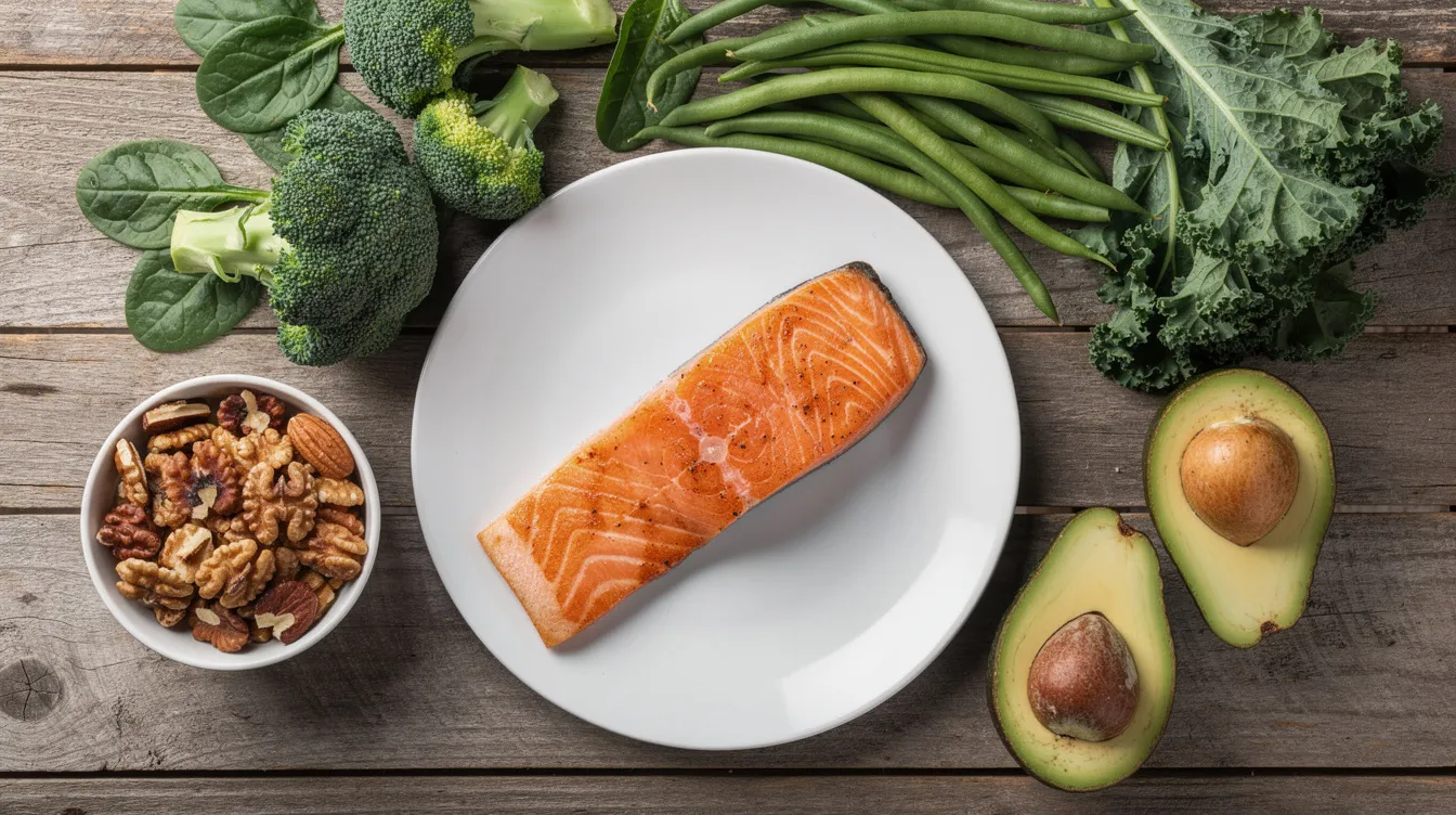 L'image montre une table en bois ornée de divers aliments sains, notamment du saumon, des noix, des avocats et des légumes verts, symbolisant une alimentation équilibrée bénéfique pour le bien-être et la santé, notamment pour le maintien d'un bon taux de testostérone chez l'homme. Ces aliments sont essentiels pour soutenir les performances sportives et la masse musculaire.