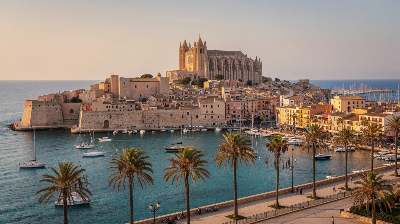A imagem mostra uma vista panorâmica do centro histórico de Palma de Mallorca, destacando a catedral gótica e as ruas de paralelepípedos repletas de casas tradicionais maiorquinas. O cenário captura a essência da cultura mediterrânea e a beleza das ilhas Baleares, convidando os visitantes a explorar suas praias e jardins.