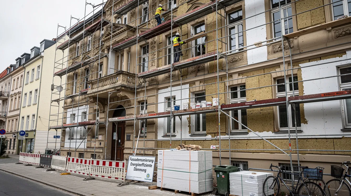 Ein Baugerüst umgibt einen Berliner Altbau, der gerade einer energetischen Fassadensanierung unterzogen wird. Diese Maßnahmen werden oft durch Förderprogramme wie die Bundesförderung für effiziente Gebäude unterstützt, um die Energieeffizienz von Wohngebäuden zu steigern.