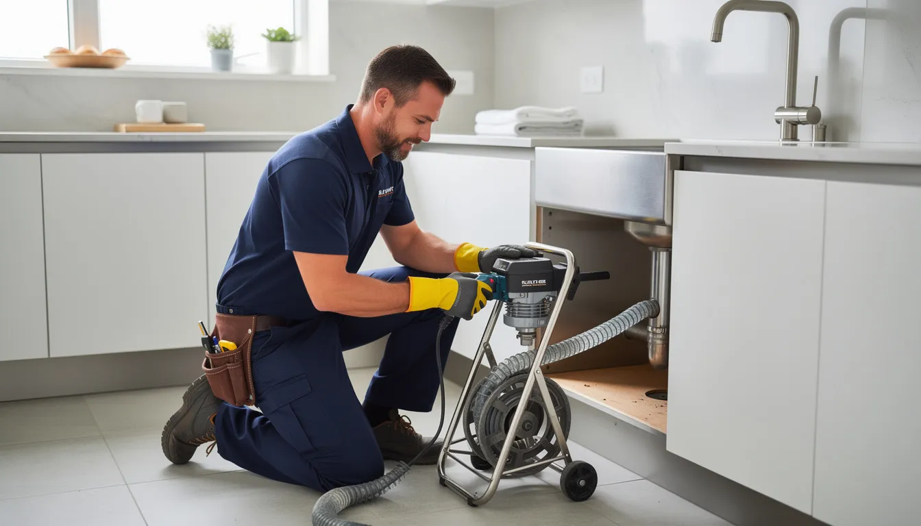 A professional plumber is using specialized drain equipment to address a clogged drain in a residential kitchen, ensuring efficient drain cleaning and maintenance of the home's plumbing system. The plumber is focused on clearing stubborn clogs to restore proper water flow in the kitchen sink.