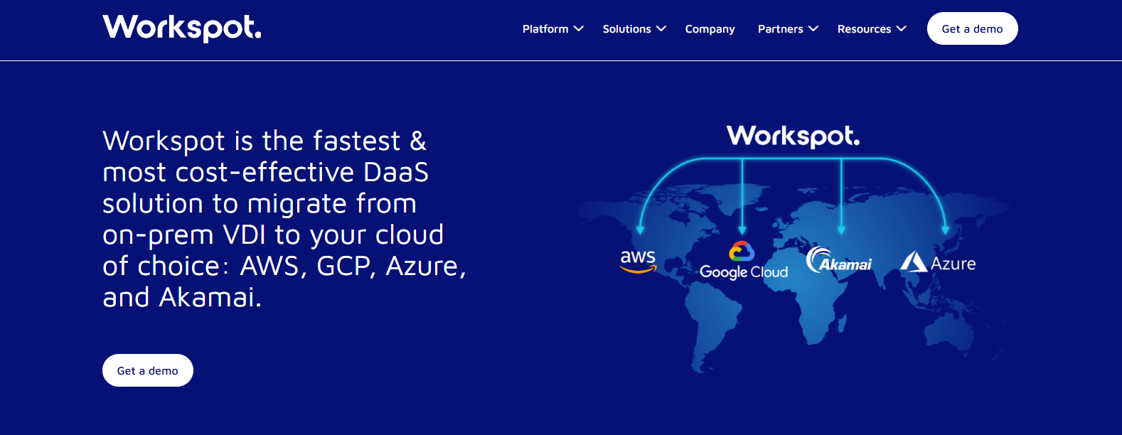 Workspot cloud-native Desktop as a Service platform enabling virtual desktop deployment across AWS, Google Cloud, Azure, and Akamai for secure, scalable remote work environments.