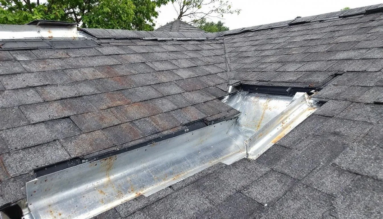 The image showcases various types of roof flashing installations, including metal and galvanized steel flashing, demonstrating both proper and improper installation techniques. It highlights critical areas such as roof valleys and chimneys, emphasizing the importance of professional roof flashing repair to prevent water intrusion and ensure a watertight seal.