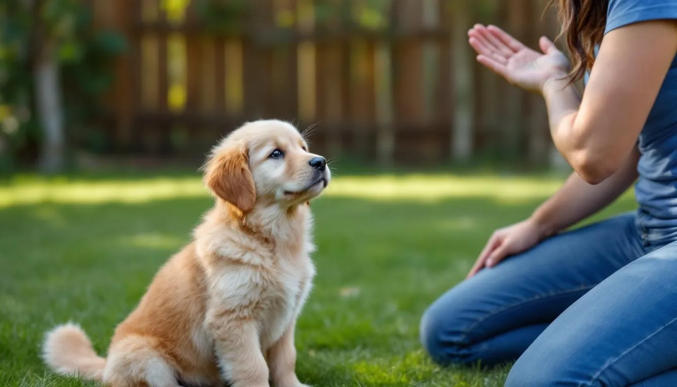 A young puppy is sitting on command, looking up at its owner, who is giving a clear hand signal as part of their puppy training session. The scene reflects positive reinforcement training, where the puppy learns basic commands in a controlled environment.