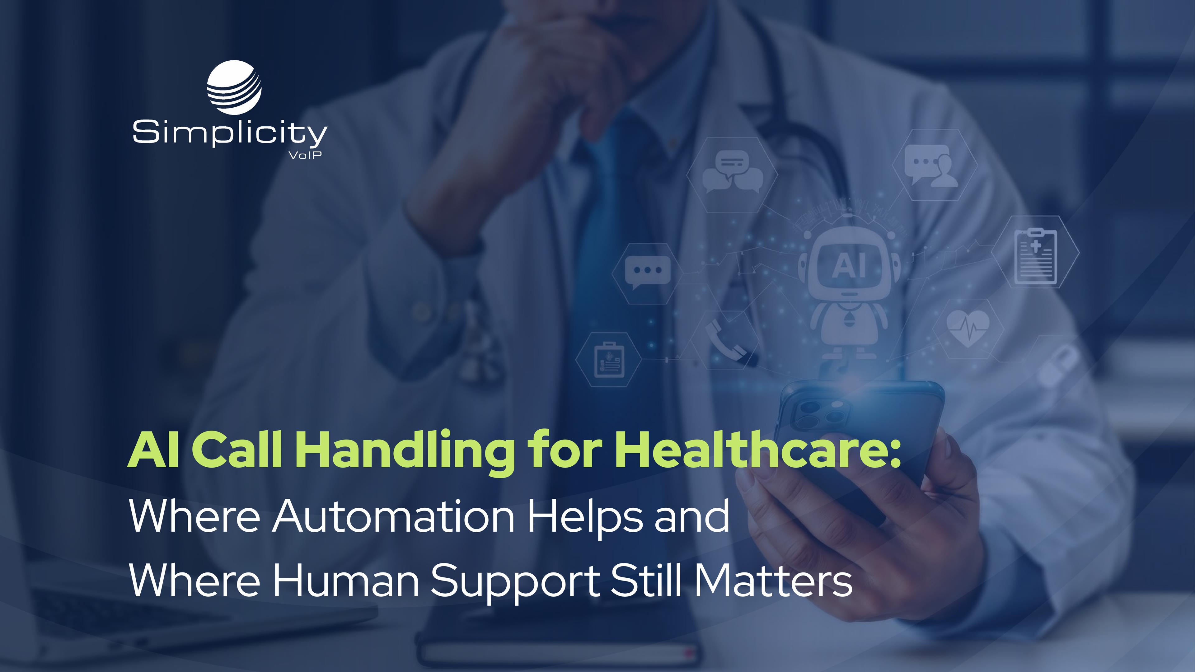 Robot on phone at a dest. Conveys AI call handling for healthcare. 