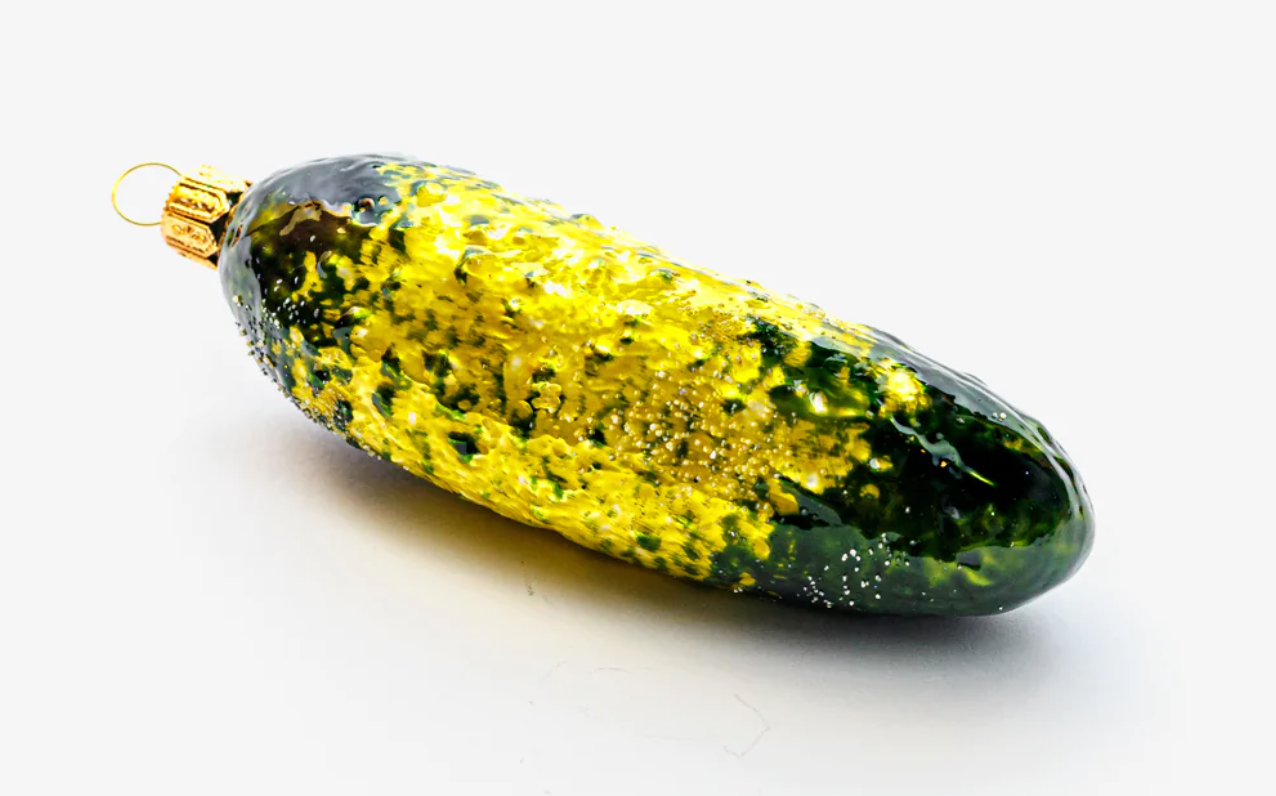 Find this glass mouth blown pickle decoration for an extra surprise