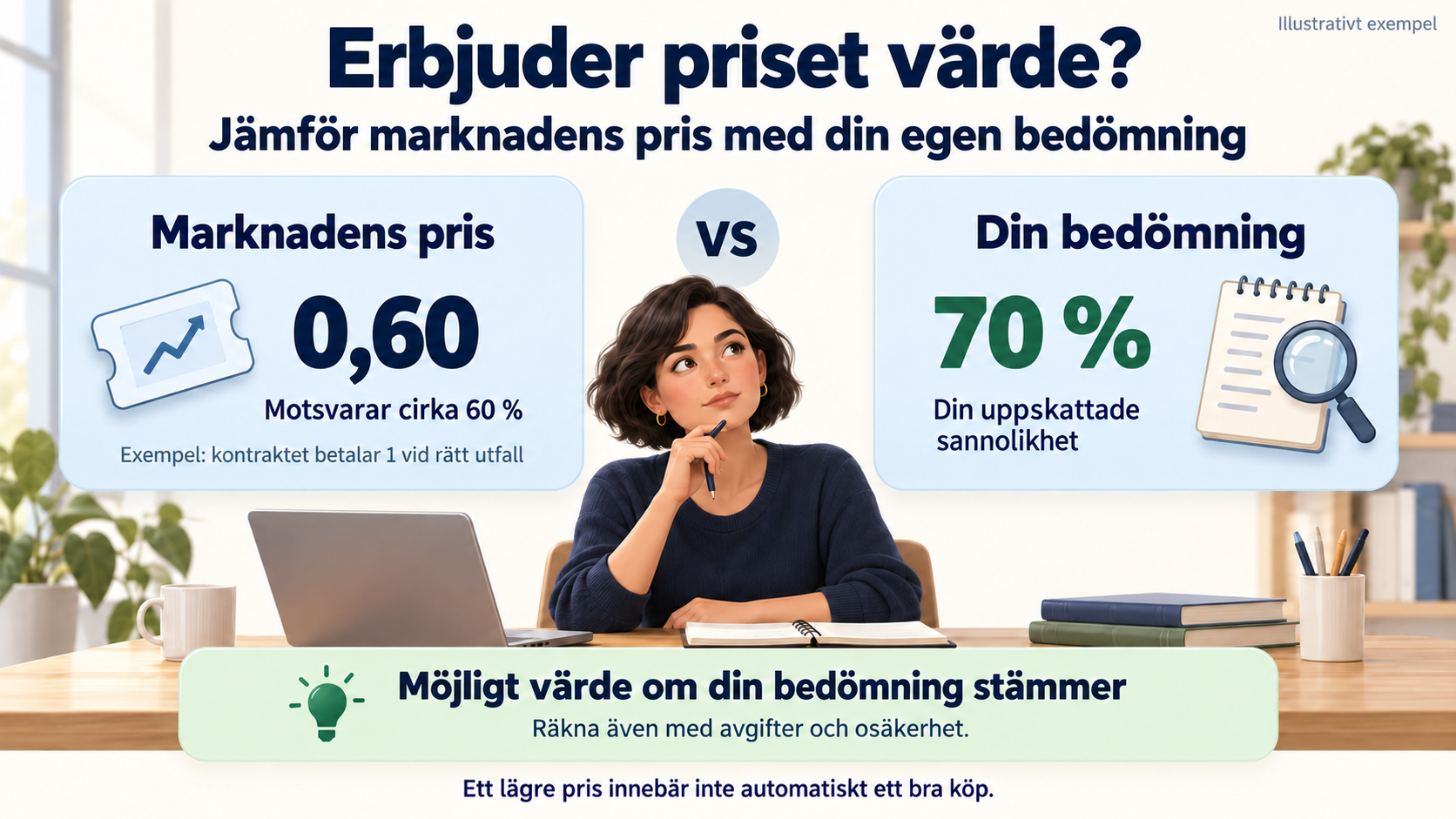 Marknadspriset 0,60 jämförs med en egen sannolikhetsbedömning på 70 procent för att bedöma möjligt värde, med hänsyn till avgifter och osäkerhet.
