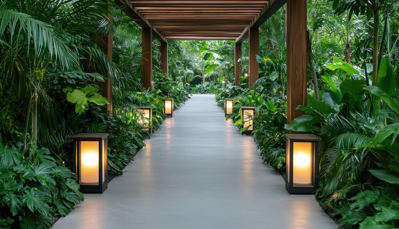 Modern resort pathway with warm, low-glare landscape lantern lights.