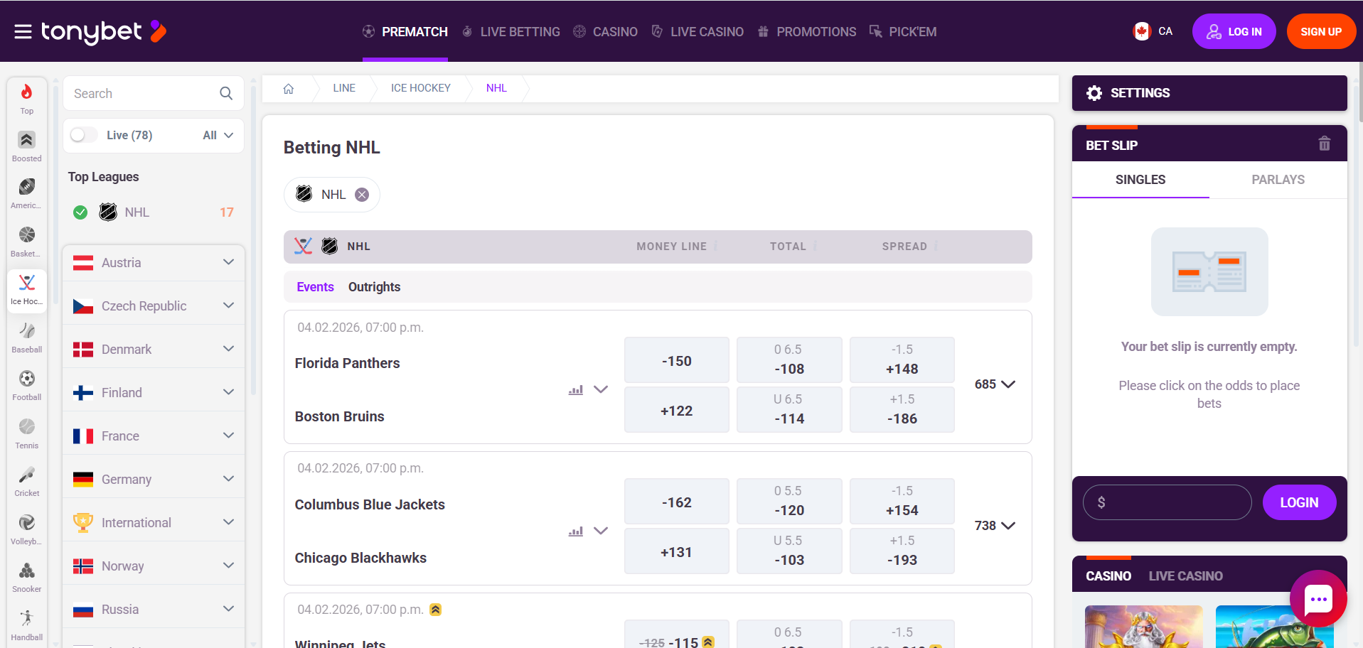 A desktop view screenshot of TonyBet's NHL betting page.