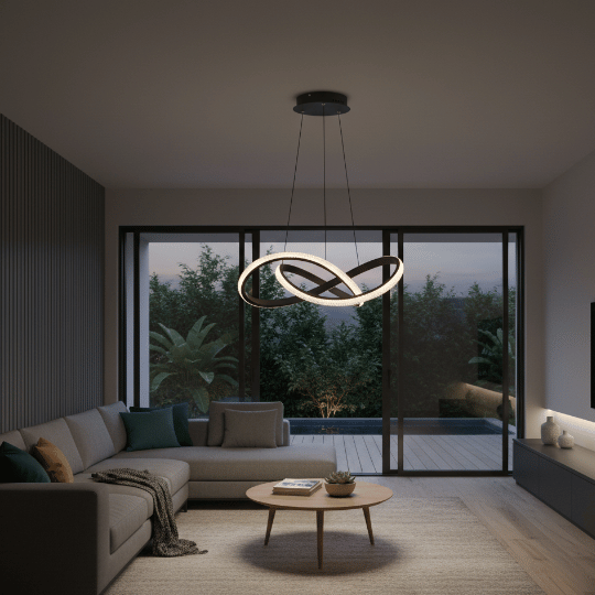 Sculptural LED ring pendant light suspended above a contemporary living room, creating soft ambient illumination.