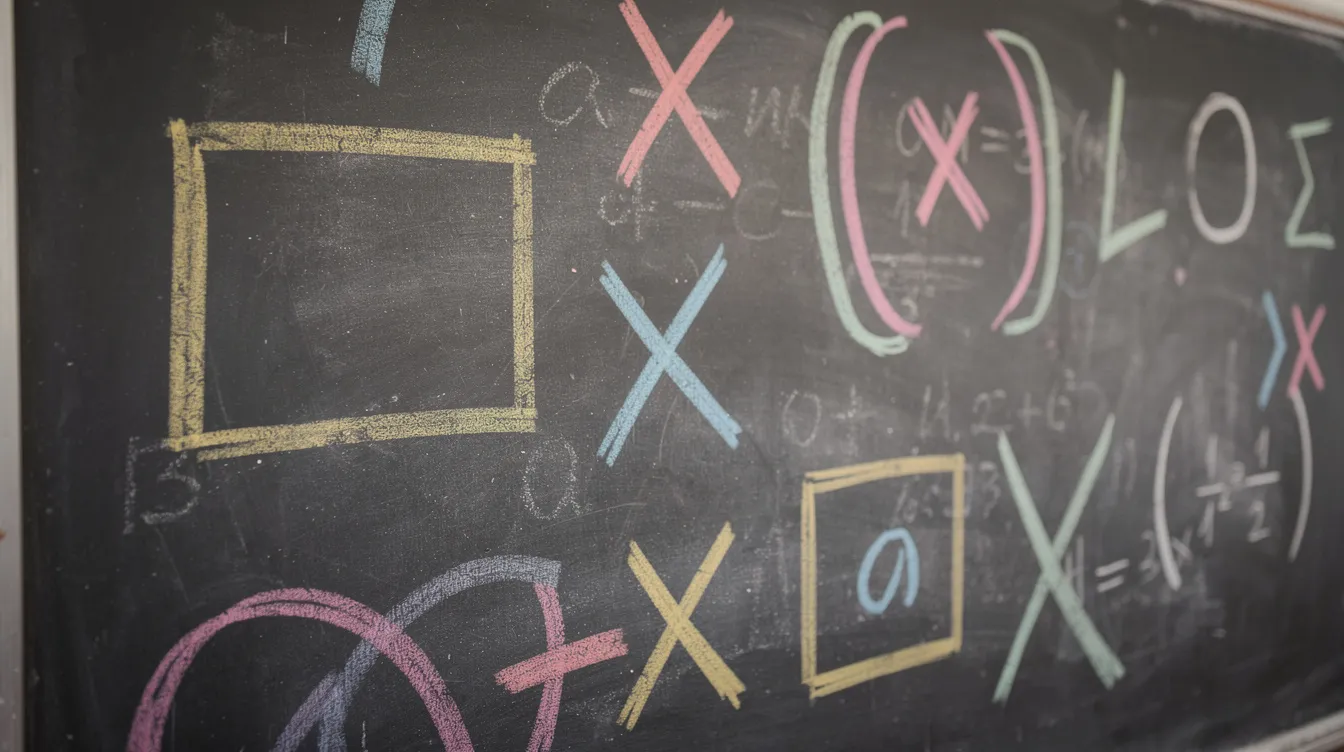 Na ciemnej tablicy szkolnej widoczne są kolorowe symbole matematyczne, w tym nawiasy i znaki mnożenia, kt&oacute;re ilustrują zasady kolejności wykonywania działań. Obrazek zachęca do zapamiętania reguł, takich jak pierwszeństwo mnożenia i dzielenia przed dodawaniem i odejmowaniem, aby otrzymać poprawny wynik.