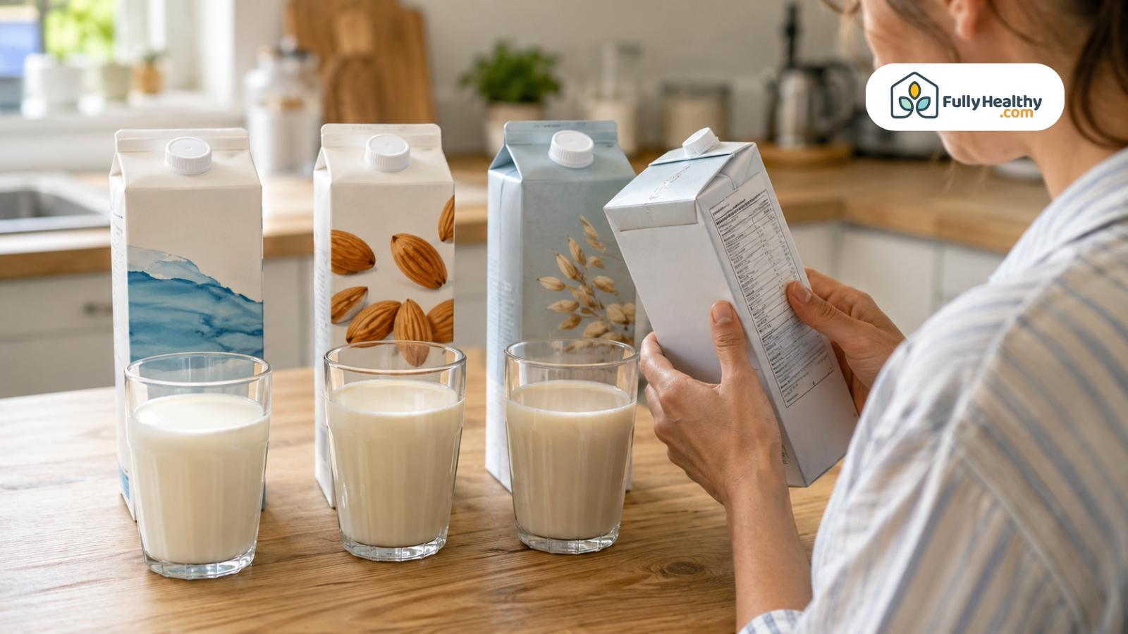 Woman comparing milk alternatives and checking a carton label in her kitchen