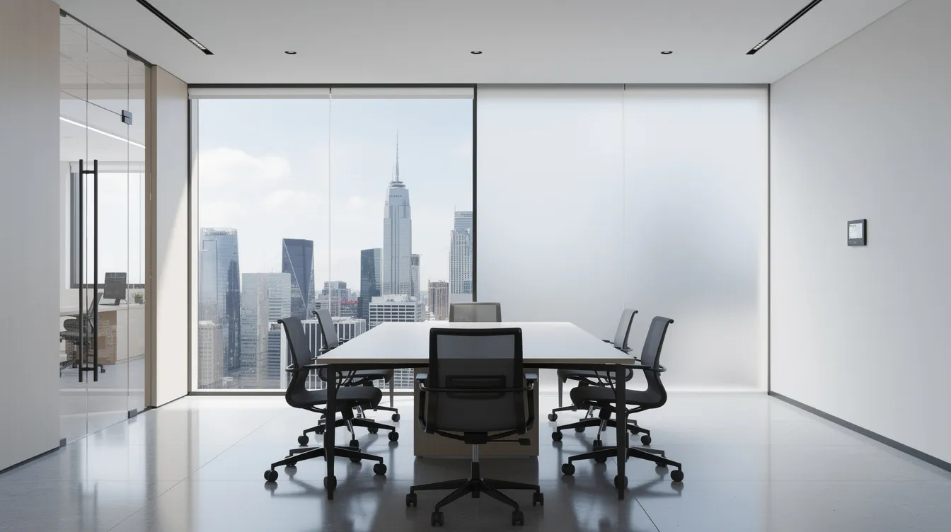The image depicts a modern conference room featuring a large glass wall, which is half clear and half frosted opaque, showcasing the innovative switchable smart glass technology that provides instant privacy while allowing natural light to fill the space. This elegant design reflects cutting-edge technology and energy efficiency, making it a perfect solution for contemporary office environments.