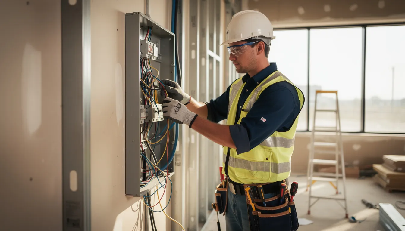 The image shows a young professional electrician focused on wiring in a new building, demonstrating the practical skills that can lead to a successful career without incurring the student loan debt often associated with a four-year college degree. The electrician's work highlights the importance of vocational training as an alternative to traditional higher education paths.