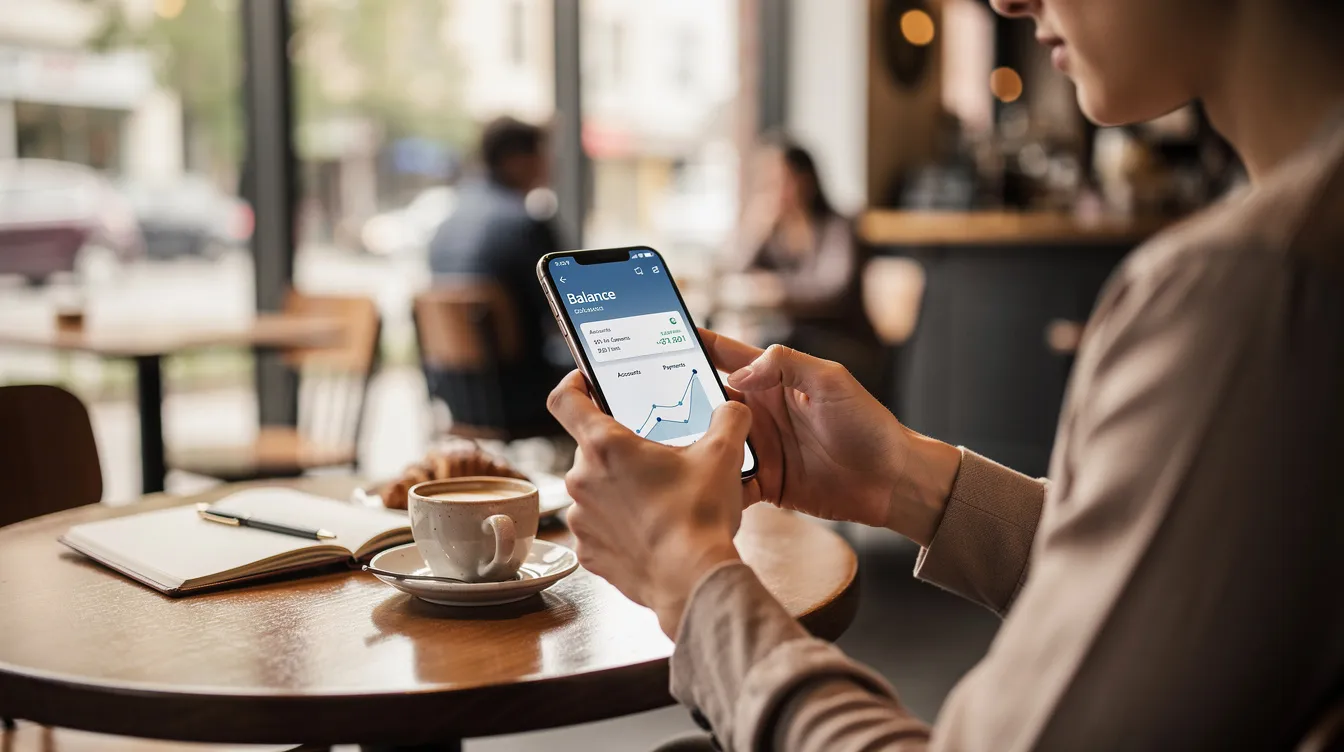 A person is sitting at a café table, using a smartphone banking app to manage their bank account, possibly checking their savings accounts or making transactions. The scene reflects the convenience of modern banking options available in Argentina, highlighting the integration of technology in the banking sector.