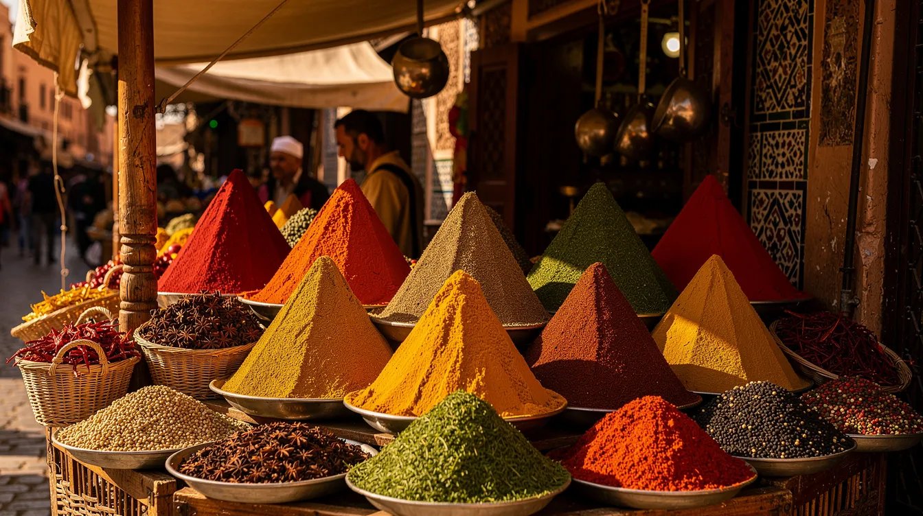 A vibrant traditional Moroccan market stall showcases an array of colorful spices arranged in cone-shaped piles, reflecting the rich culture and culinary diversity of Morocco. This bustling souk is a perfect stop for travelers exploring the vibrant heart of North Africa on their unforgettable journey through the imperial cities.