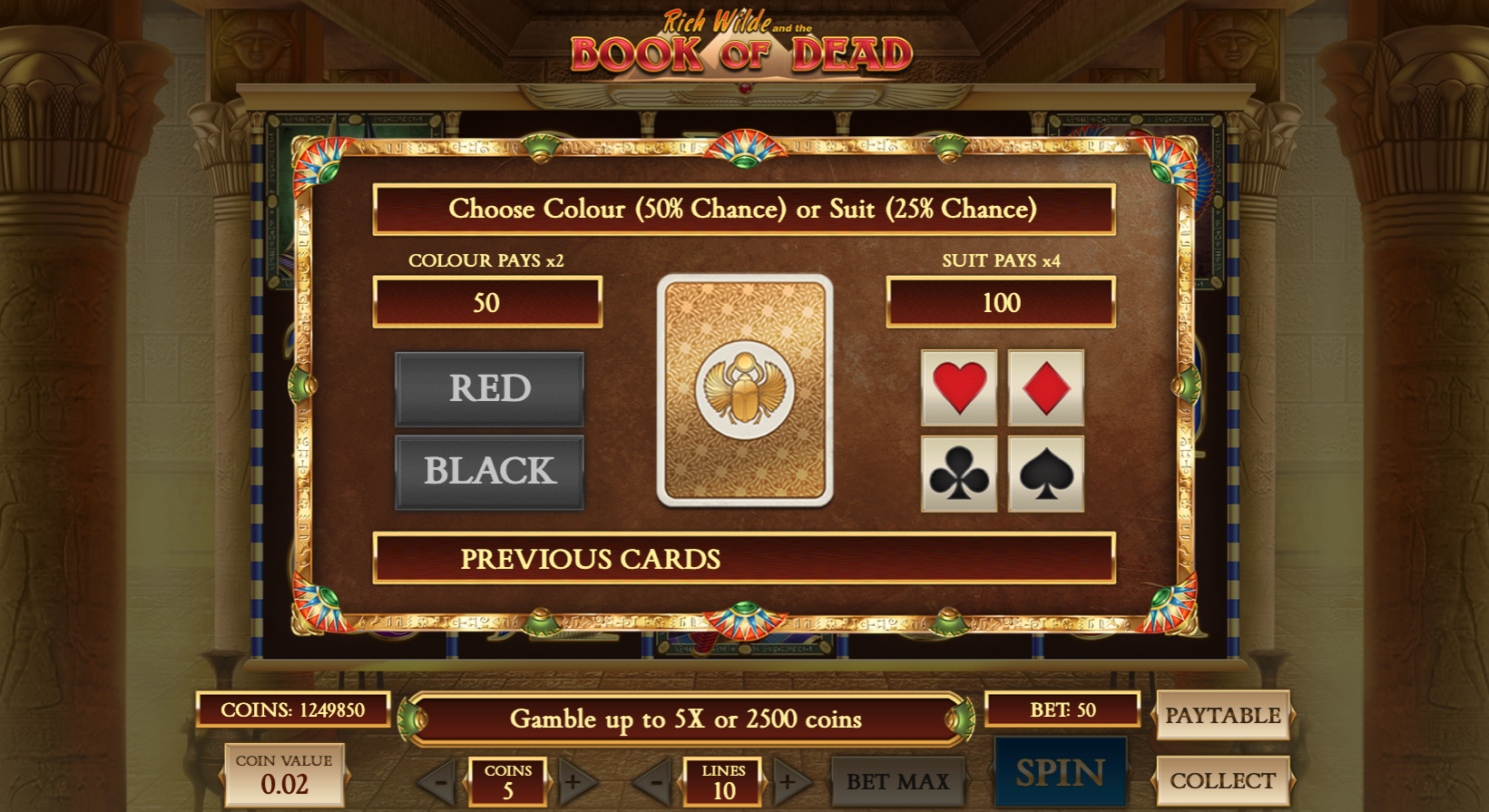 Gamble Feature in Book of Dead waarbij je kunt kiezen voor rood, zwart of een kaartsymbool.