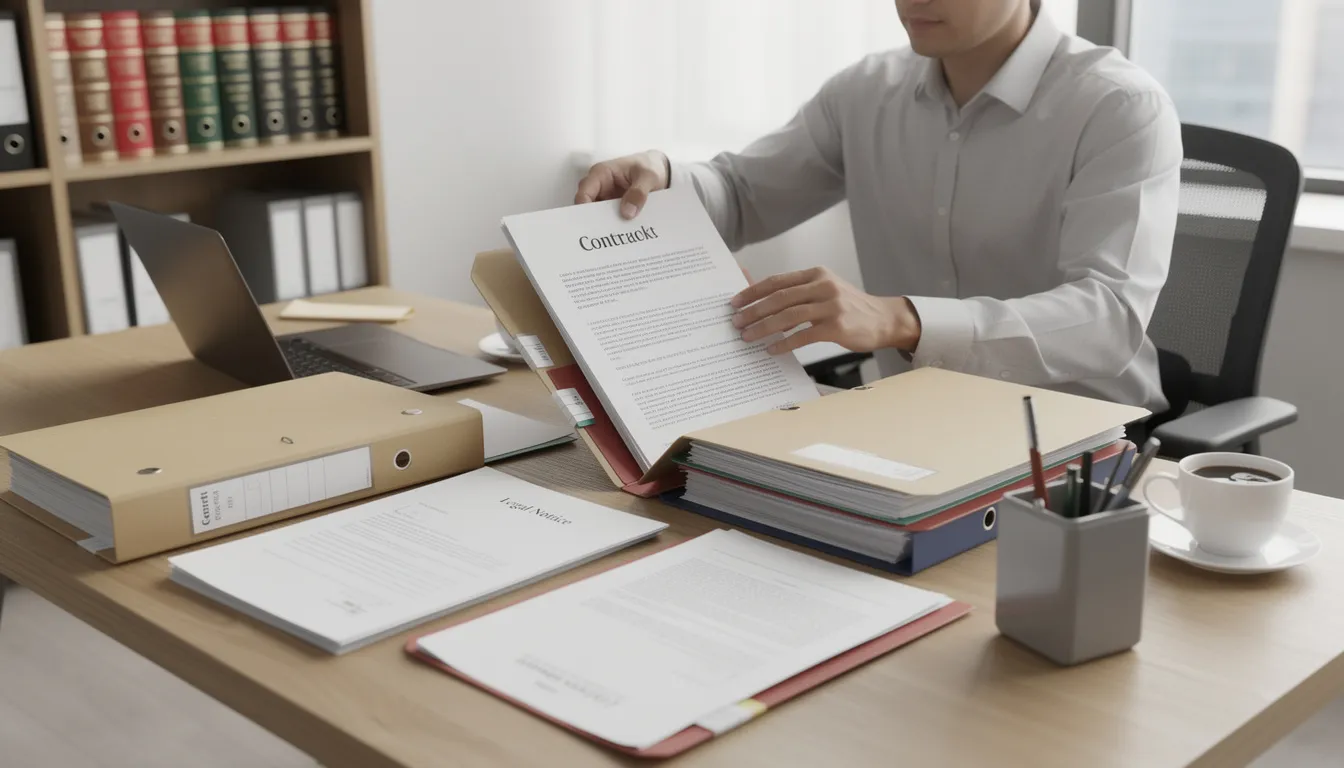 A person is seated at a desk, meticulously organizing various legal documents and folders, which may include forms related to offenses involving family violence, criminal records, and nondisclosure orders. The workspace reflects a focus on legal matters, with papers that could pertain to community supervision, petitions, and instructions for navigating the criminal procedure.