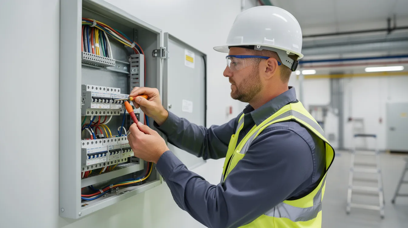 Electrician installing a panel in a professional setting.