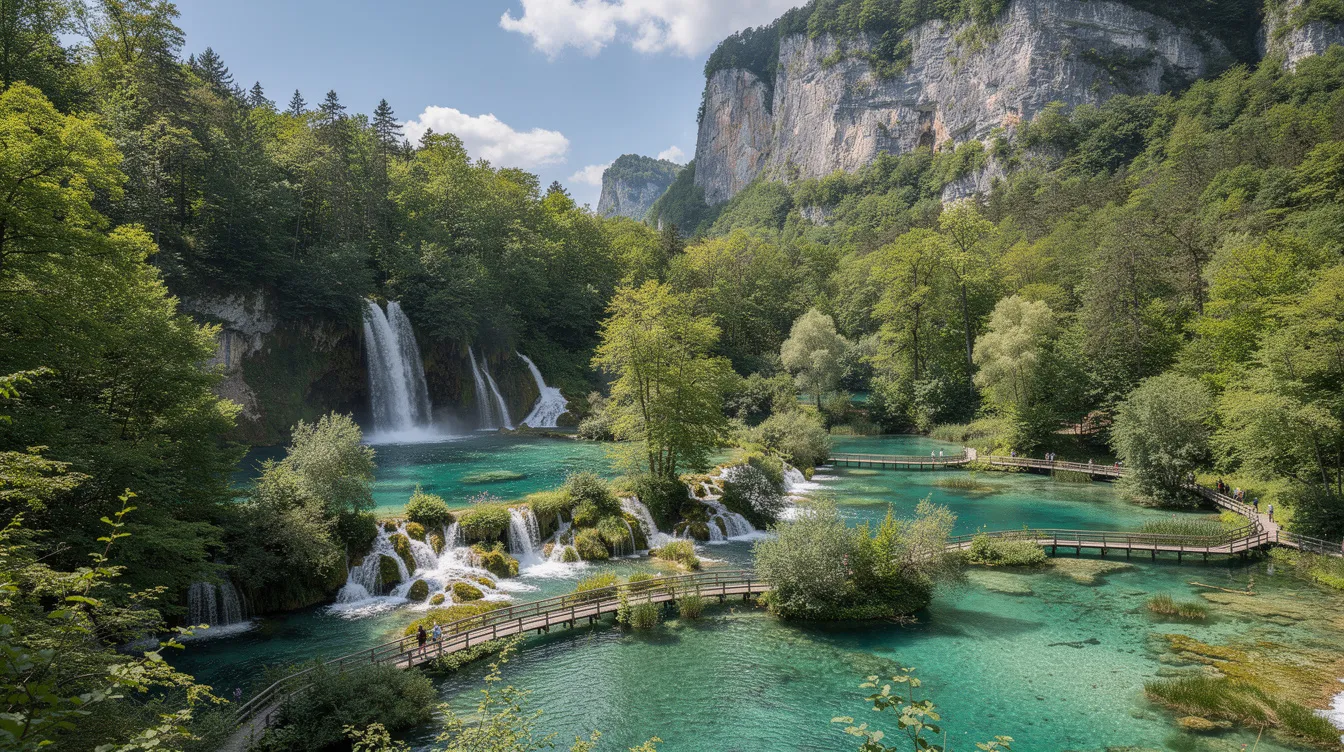 A imagem retrata a deslumbrante paisagem dos Lagos de Plitvice, na Croácia, durante o verão, com suas águas cristalinas e vegetação exuberante ao redor. O cenário é complementado por pequenas quedas d'água que formam um espetáculo natural, ideal para amantes do turismo e da natureza.