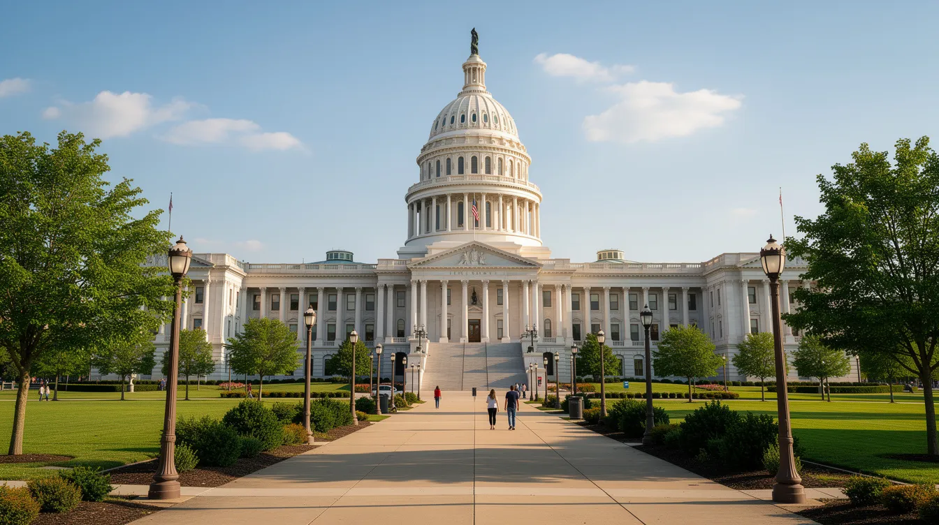 The image shows a state capitol building prominently situated along a public walkway, surrounded by well-maintained landscaping. This significant structure symbolizes the legislative processes and laws, including those related to gun laws such as concealed carry permits and the regulations established by Kansas lawmakers.