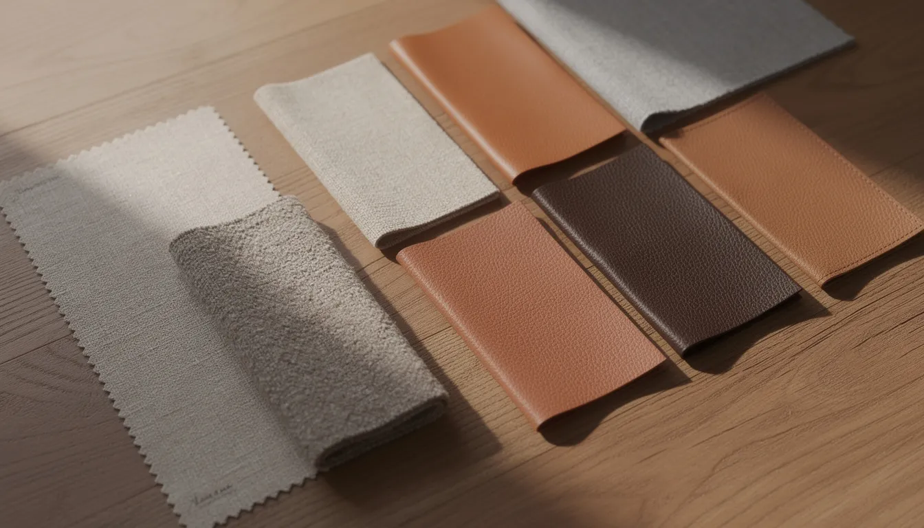 Een close-up van verschillende stoffen- en leerstalen in natuurlijke tinten ligt uitgespreid op een houten oppervlak, perfect voor het creëren van een landelijke eetkamerbank of eetruimte. De kleuren en texturen bieden inspiratie voor een comfortabele en sfeervolle inrichting van de eethoek.