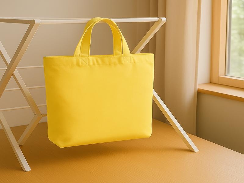 A photo of a yellow canvas bag hangs on a white drying rack placed on a wooden surface near a window. Sunlight fills the room, helping the bag dry naturally after being cleaned or sprayed for waterproofing. 