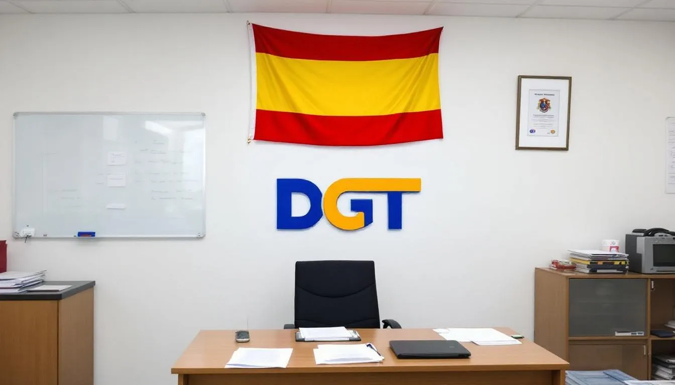 La imagen muestra una oficina de la DGT, con el logotipo oficial español visible en la pared. Este lugar es donde las personas realizan trámites relacionados con el carnet de conducir, como la solicitud de permisos y la presentación de documentación.
