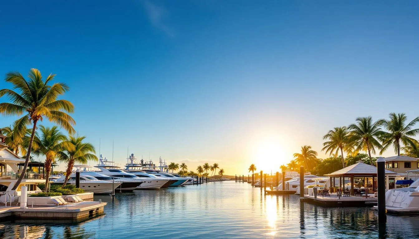 The image depicts the Marco Island marina, showcasing luxury boats and yachts with direct access to the water, surrounded by palm trees and waterfront facilities. This picturesque scene highlights the stunning panoramic views of the bay, making it an ideal location for prospective properties consumers seeking a dream home in Marco Island, FL.