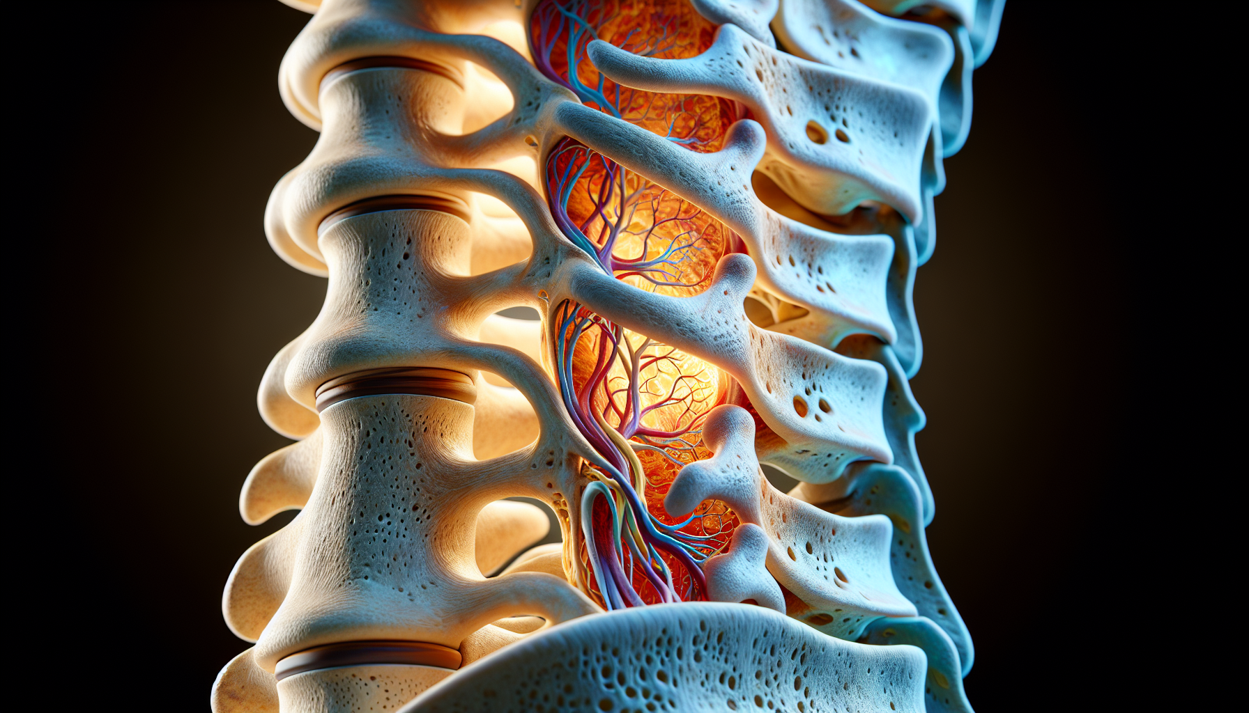 An illustration of a human spine with highlighted areas of stenosis