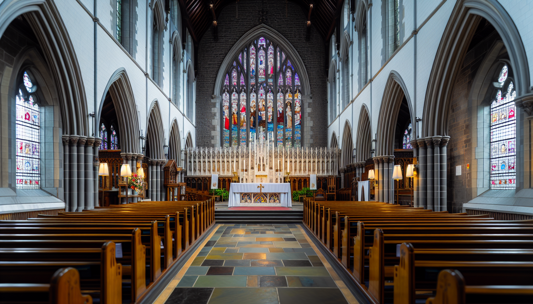 Anglican church interior with stained glass windows and altar