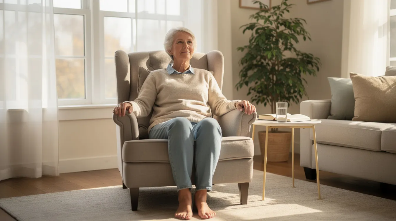 An older adult is sitting comfortably in a sturdy chair with good posture, enjoying a bright sunny room. They are practicing chair yoga exercises, with their feet flat on the ground and shoulders relaxed, embodying a gentle way to improve balance and well-being.