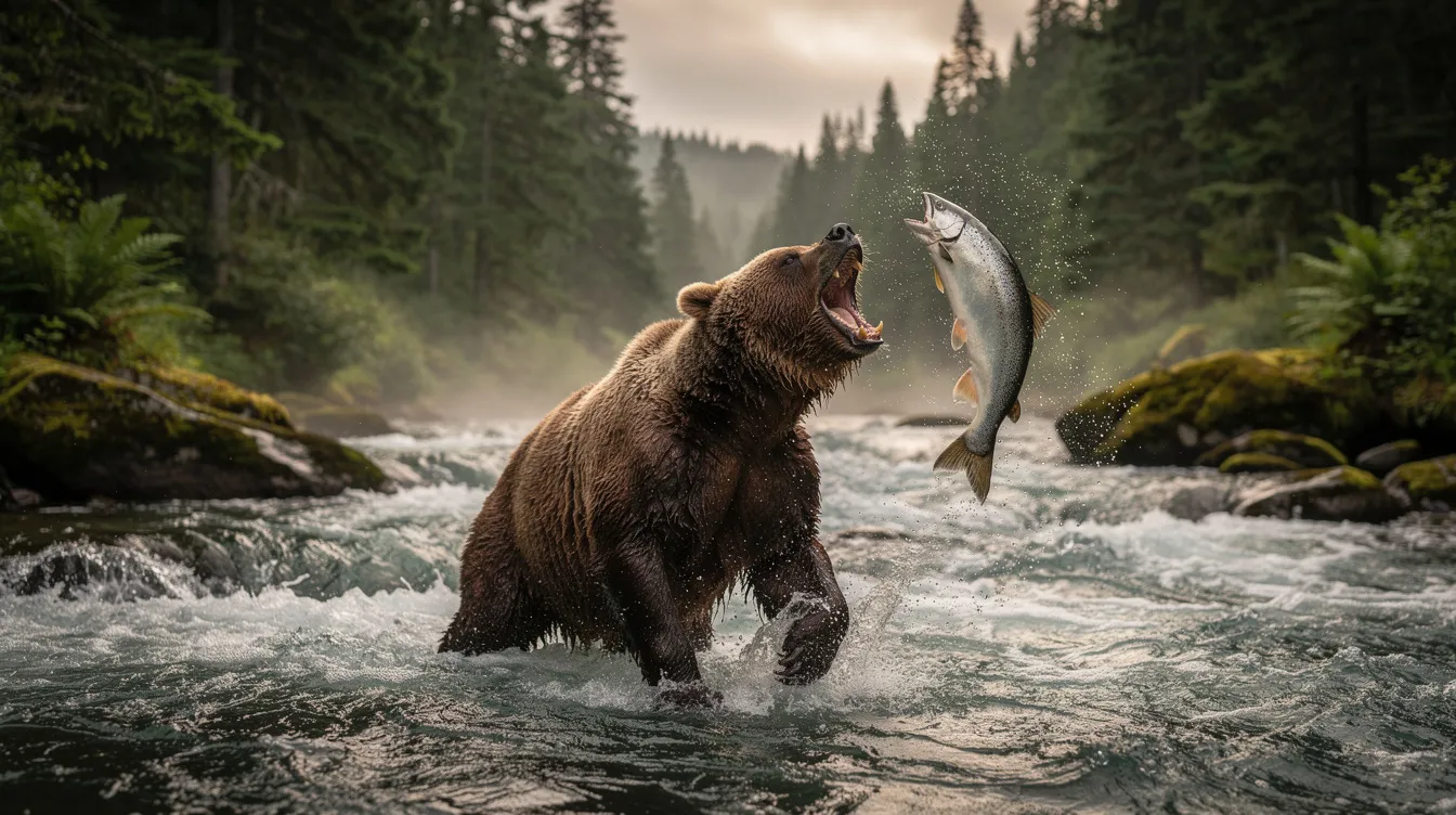 28af9af7 bccc 4644 97f5 84cdd682ecbf A grizzly bear is captured mid-leap as it catches a salmon in a rushing river, surrounded by the lush greenery of coastal rainforest in British Columbia. This scene showcases the dynamic wildlife of Canada's national parks and the impressive hunting skills of one of North America's iconic animals.